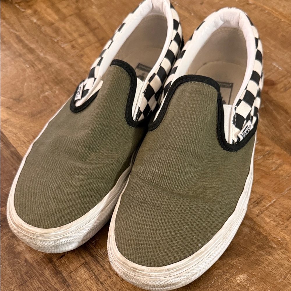 Vans Olive and Checkered Slip-On Shoes